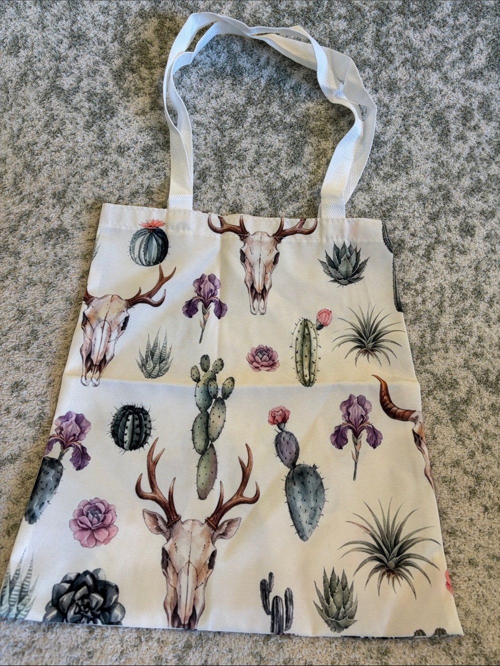 Southwestern Desert Skull & Cactus Poly Canvas Tote Bag NWT 14x16”